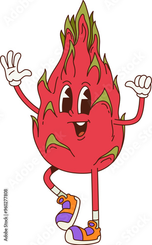 Cartoon retro groovy dragonfruit pitahaya fruit character. Isolated vector tropical food personage with expressive smiling face, standing in playful pose, smiling and wearing trendy vintage sneakers