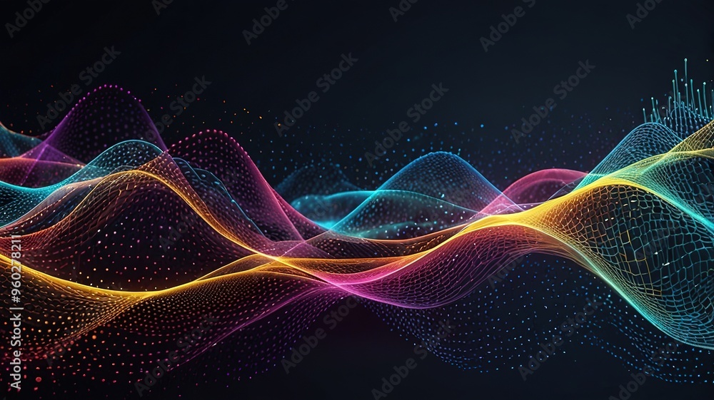Obraz premium Abstract technology stream background. Digital dynamic wave of dots. Network connection structure. 3D rendering.