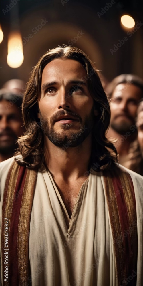 Fototapeta premium Jesus Christ stands amidst a diverse assembly, conveying a message of hope and faith, surrounded by attentive followers. Religion Christianity. Faith, hope, love and wisdom. Generative AI