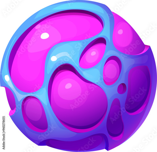 Cartoon fantasy galaxy alien pink and blue space planet with glossy texture, bright colors and smooth, bubble-like formations on its surface. Vector celestial body game asset at starry sky background