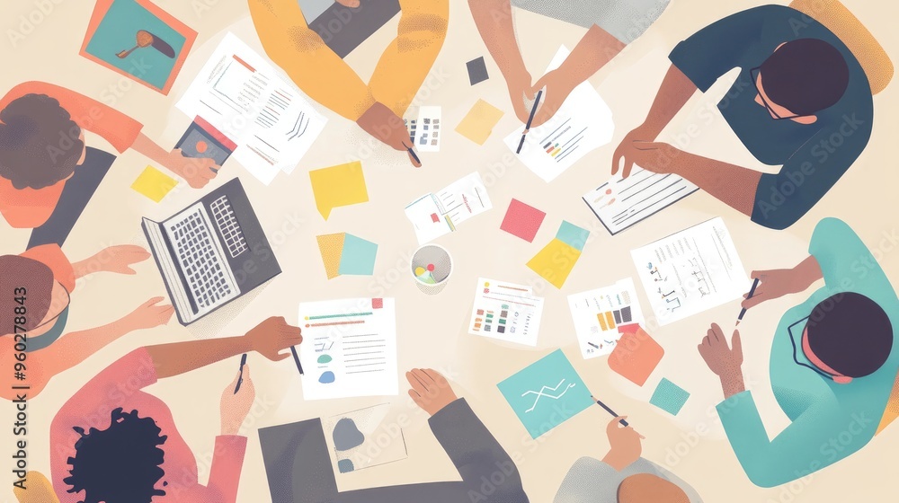 Diverse team brainstorming innovative solutions, flat design, top view, business theme, cartoon drawing, colored pastel Diverse team brainstorming innovative solutions, flat design, top view, business theme, cartoon drawing, colored pastel