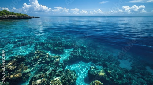 The pristine waters around the Great Blue Hole, with coral reefs visible just below the surface.