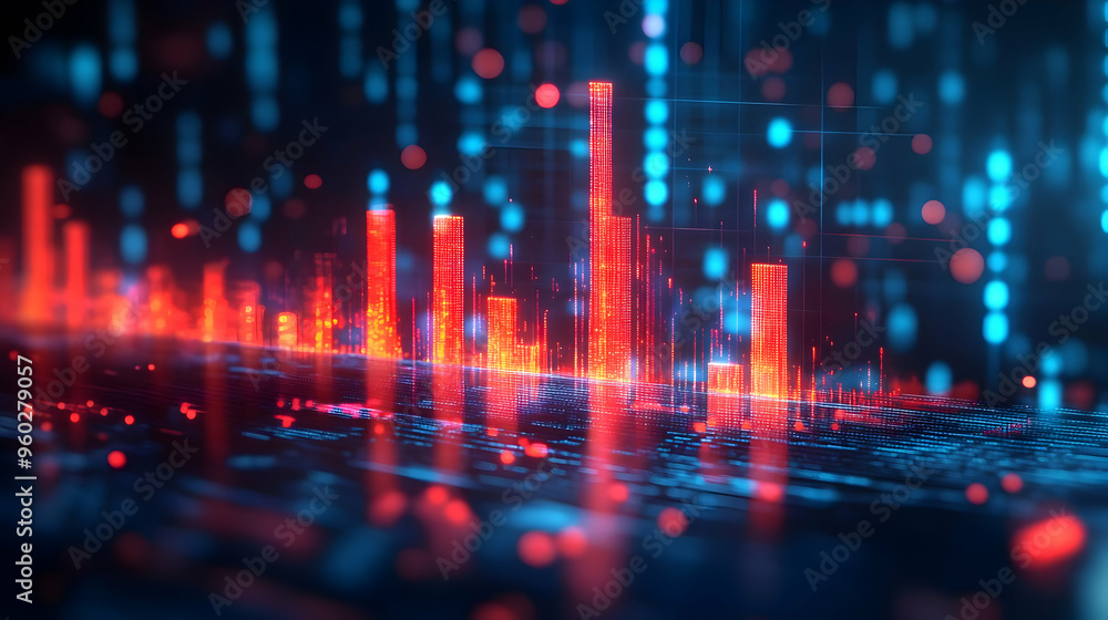 Abstract visualization of data with glowing bars and digital elements. Abstract visualization of data with glowing bars and digital elements.