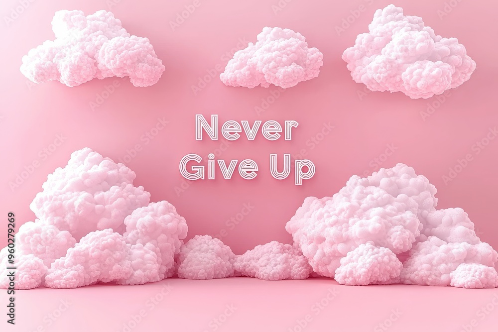 Words 'Never Give Up' made of clouds on a pink background Words 'Never Give Up' made of clouds on a pink background