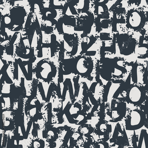 Seamless pattern with alphabet letters in form black and white paint splashes and blots. Abstract vector background with latin letters. Suitable for wallpaper, wrapping paper or fabric