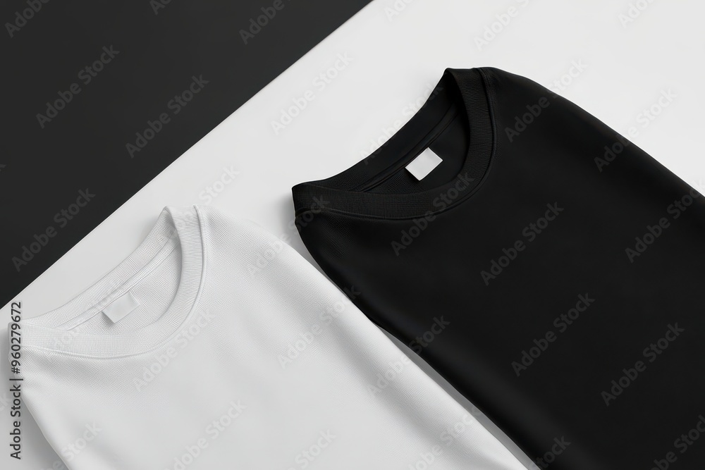 3D rendering of black and white folded t-shirts mockup on an isolated background with copy space, in a flat lay. 3D rendering of black and white folded t-shirts mockup on an isolated background with copy space, in a flat lay.