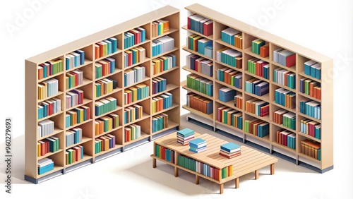 Isometric bookshelves in a modern library filled with books for education and learning