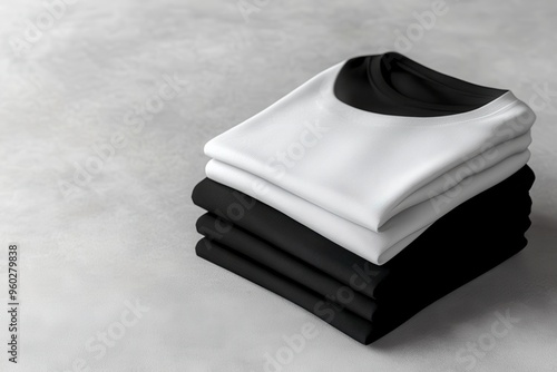 3D rendering of black and white folded t-shirts mockup on an isolated background with copy space, in a flat lay.