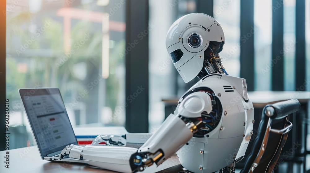 Fototapeta premium AI Robot Working on Laptop in Office