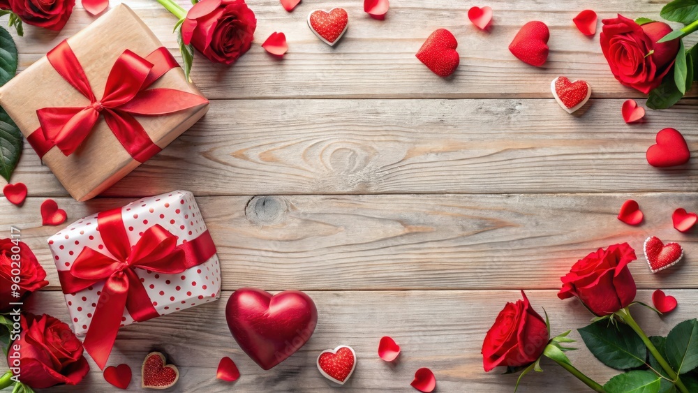 Valentine's day composition with hearts, roses, and presents arranged in a flat lay style, perfect for romantic backgrounds and themes Valentine's day composition with hearts, roses, and presents arranged in a flat lay style, perfect for romantic backgrounds and themes