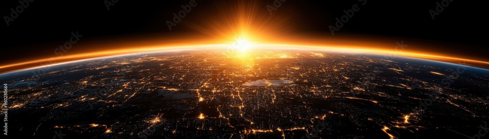 Stunning view of Earth from space during sunrise, showcasing glowing city lights and the vibrant horizon. Stunning view of Earth from space during sunrise, showcasing glowing city lights and the vibrant horizon.