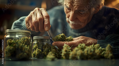 An elderly man carefully sorting cannabis buds in jars.