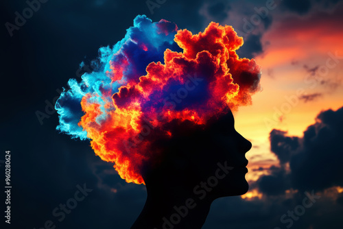 A woman's head is covered in a cloud of colorful smoke. The sky is filled with clouds, and the sun is setting in the background. Concept of creativity and imagination