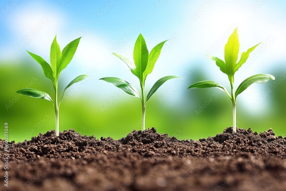 Vibrant green seedlings emerging from rich soil under a bright blue sky, symbolizing growth, life, and sustainability. Vibrant green seedlings emerging from rich soil under a bright blue sky, symbolizing growth, life, and sustainability.
