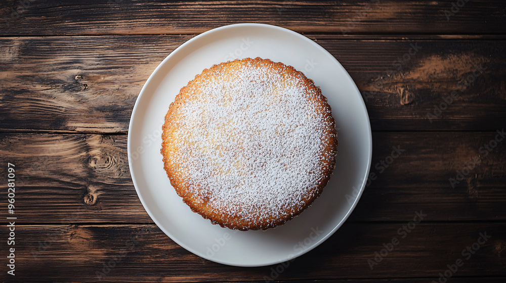 Round sponge cake with sugar powder lying on white plate on rustic wooden table, top view Round sponge cake with sugar powder lying on white plate on rustic wooden table, top view