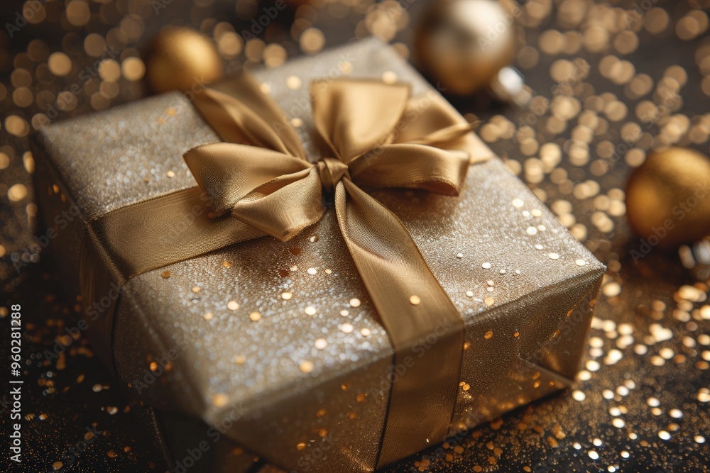 A black gift box with a glittery gold ribbon and sparkles, set against a backdrop of bokeh lights, creating a luxurious festive atmosphere. A black gift box with a glittery gold ribbon and sparkles, set against a backdrop of bokeh lights, creating a luxurious festive atmosphere.