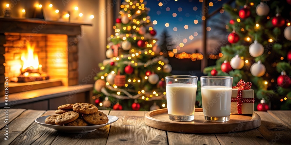 Cozy Christmas room at night with glass of milk and cookies prepared for Santa Claus Cozy Christmas room at night with glass of milk and cookies prepared for Santa Claus