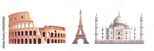 Famous buildings: eiffel tower, coliseum, taj mahal. Hand drawn vector Illustration.