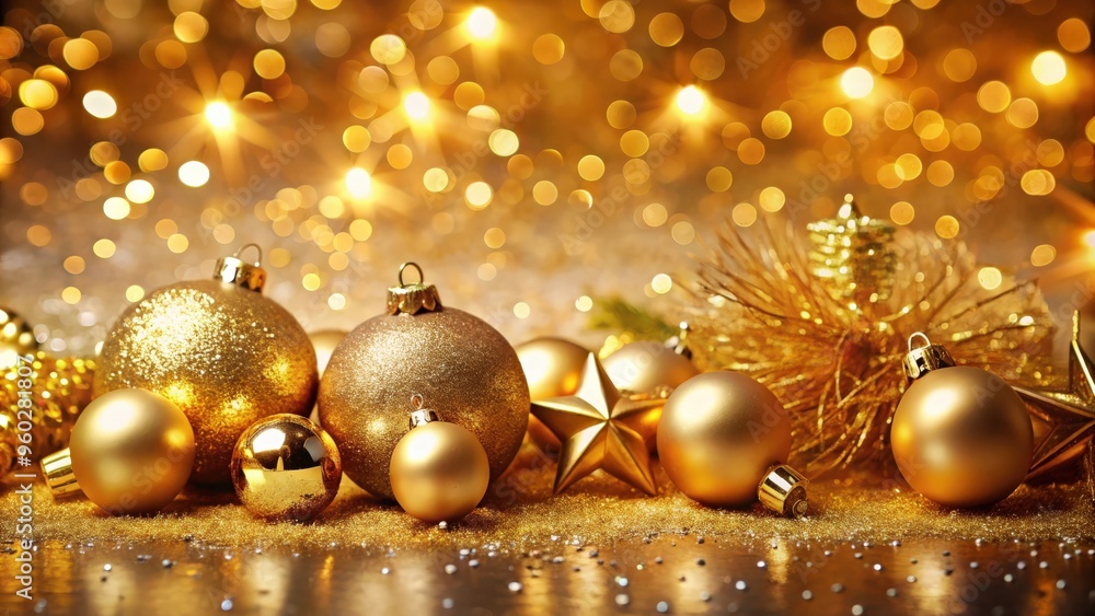 Close-up of Christmas decorations on abstract gold background Close-up of Christmas decorations on abstract gold background