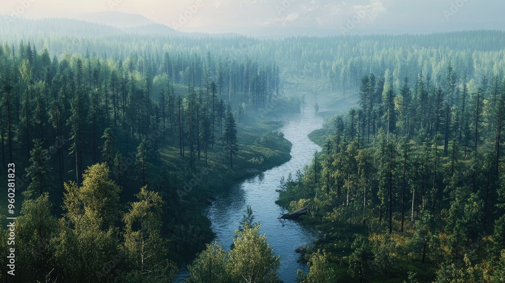 The serene Russian taiga, with dense forests and a river cutting through the landscape. The serene Russian taiga, with dense forests and a river cutting through the landscape.