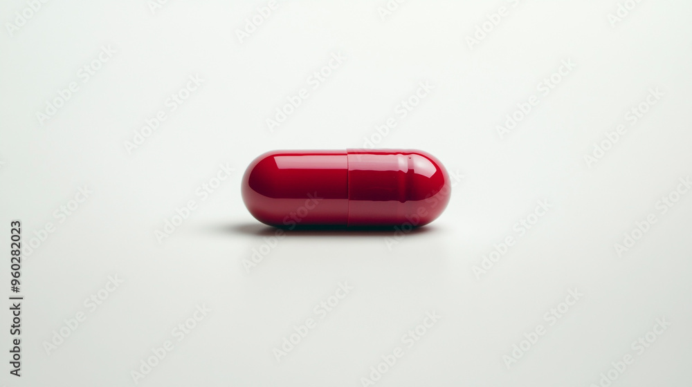 A single red capsule lying on a grey surface highlighting the simplicity and focus of pharmaceutical design A single red capsule lying on a grey surface highlighting the simplicity and focus of pharmaceutical design