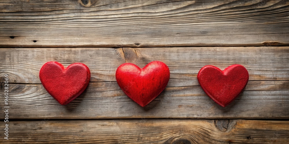 Three red Valentine's hearts on rustic wood background Three red Valentine's hearts on rustic wood background