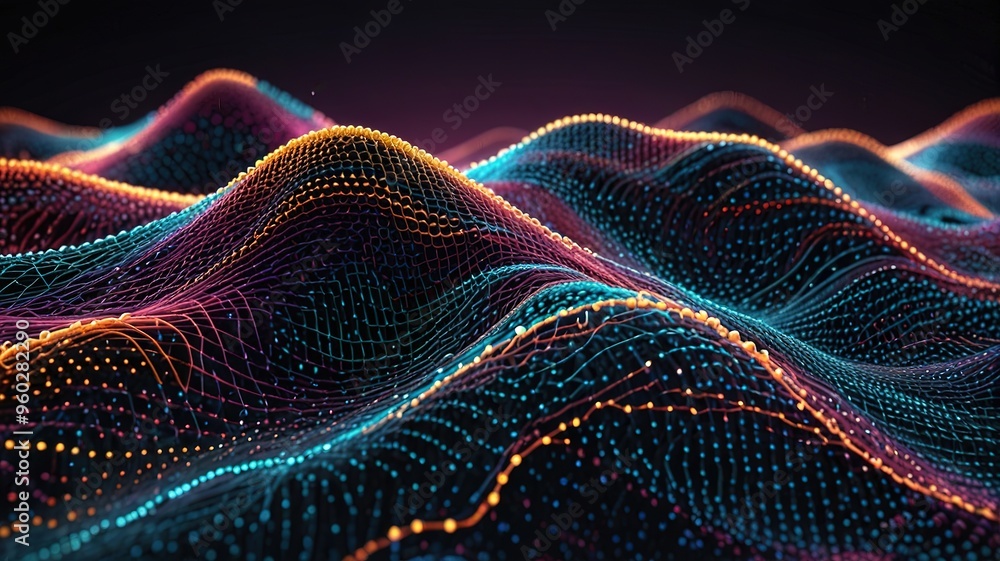 Fototapeta premium Abstract technology stream background. Digital dynamic wave of dots. Network connection structure. 3D rendering.