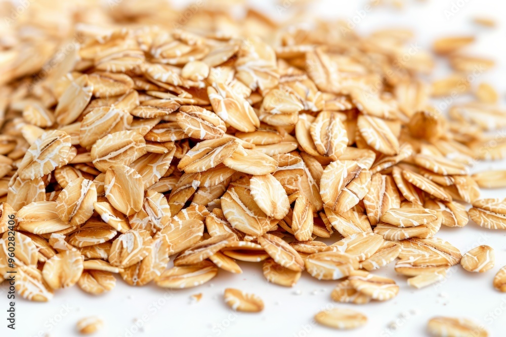 Close-up of a heap of raw rolled oats, showing texture and detail against a clean white background, representing healthy breakfast ingredients. Close-up of a heap of raw rolled oats, showing texture and detail against a clean white background, representing healthy breakfast ingredients.