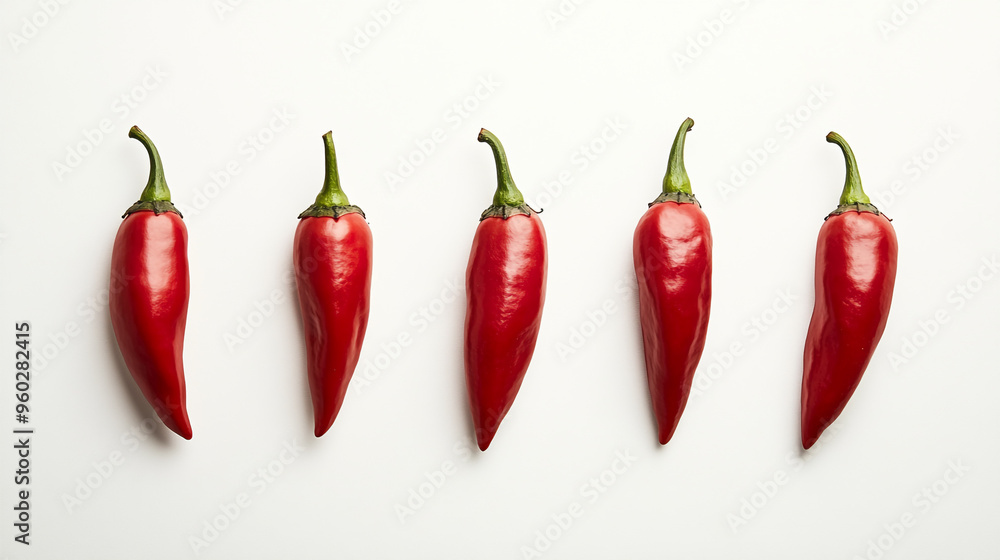 Five vibrant red chili peppers arranged in a straight line on a white background showcasing their glossy texture and pointed tips Five vibrant red chili peppers arranged in a straight line on a white background showcasing their glossy texture and pointed tips