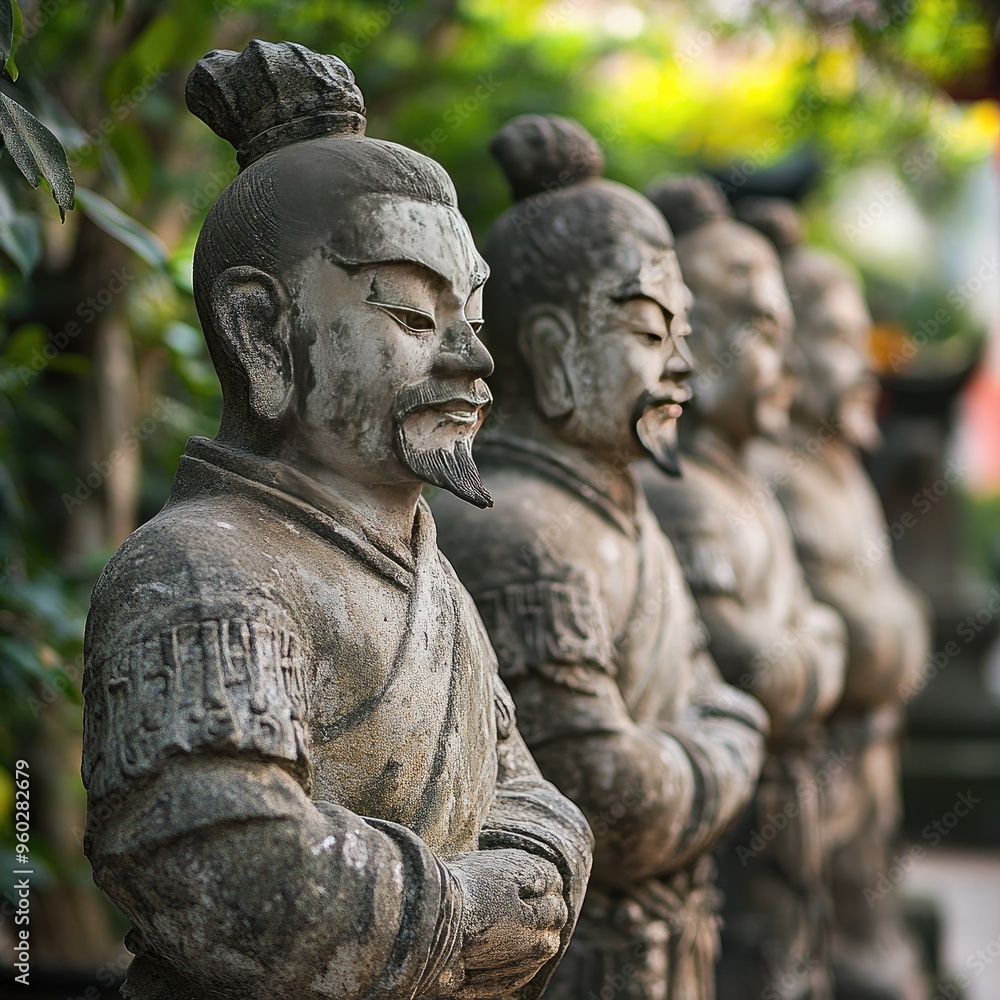 The stone statues of Wat Pho, representing ancient Chinese warriors, standing guard in the temple's garden. The stone statues of Wat Pho, representing ancient Chinese warriors, standing guard in the temple's garden.