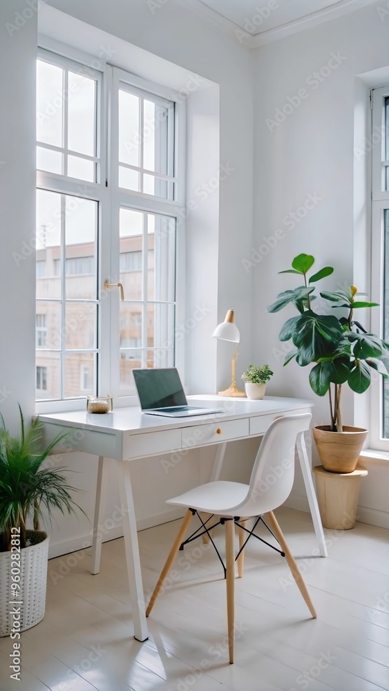 Bright Home Office with Large Windows and Potted Plants
Bright Home Office with Large Windows and Potted Plants
