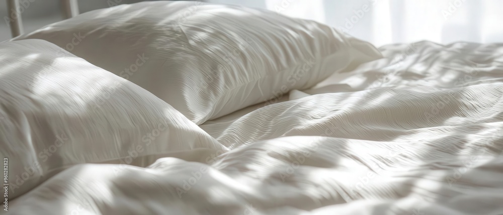 Detailed shot of bed sheets, dust mites concept, easy care, natural fabric, cinematic lighting Detailed shot of bed sheets, dust mites concept, easy care, natural fabric, cinematic lighting