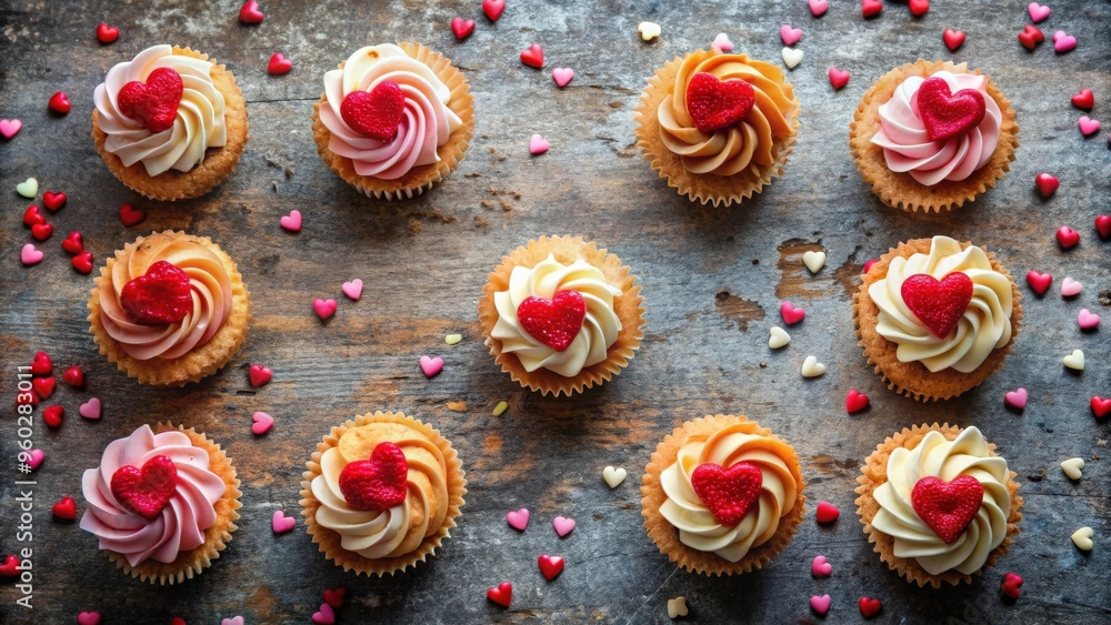 Heart shaped cupcakes surrounded by heart confetti on a rustic stone background Heart shaped cupcakes surrounded by heart confetti on a rustic stone background
