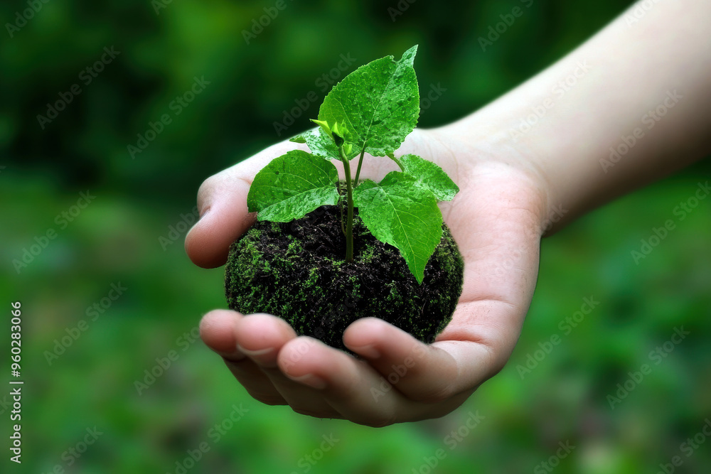 A hand holding a small plant in a ball of dirt. Concept of nurturing and care for the plant, as the person is holding it gently and protecting it from harm A hand holding a small plant in a ball of dirt. Concept of nurturing and care for the plant, as the person is holding it gently and protecting it from harm