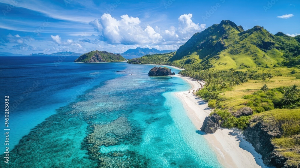 Obraz premium The stunning coastline of the Mamanuca Islands with white sandy beaches and turquoise waters.