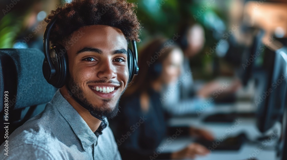 Portrait of happy biracial businessman using phone headset and smiling at office Portrait of happy biracial businessman using phone headset and smiling at office