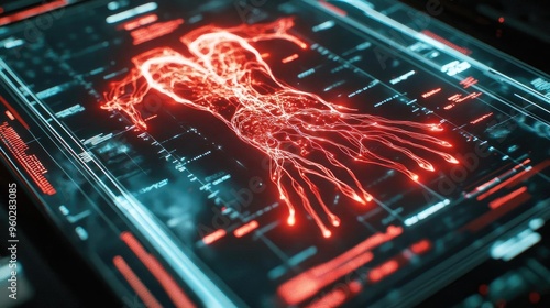 High-tech visualization of a human hand, interpreting anatomy through glowing red graphics on a modern interface. photo