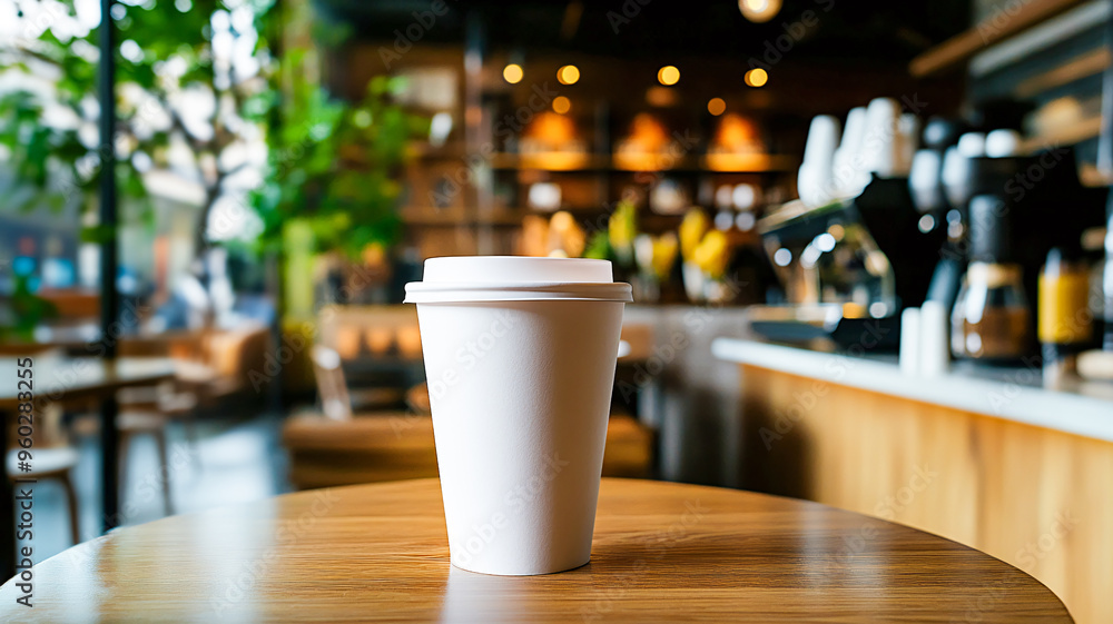 Paper coffee cup mockup on table in modern cafe Paper coffee cup mockup on table in modern cafe