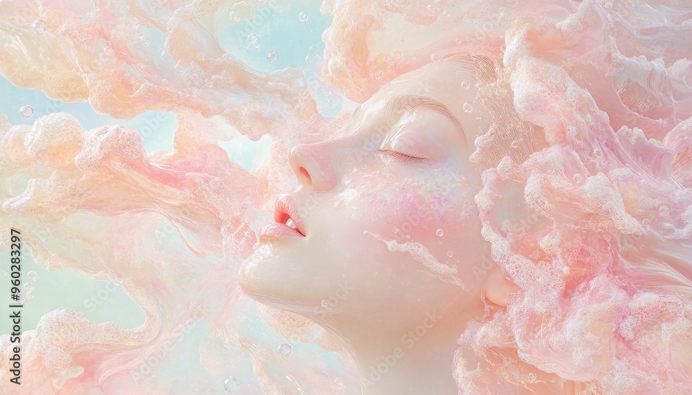 A serene and ethereal portrait of a woman surrounded by soft, flowing pastel elements, evoking tranquility and beauty. A serene and ethereal portrait of a woman surrounded by soft, flowing pastel elements, evoking tranquility and beauty.