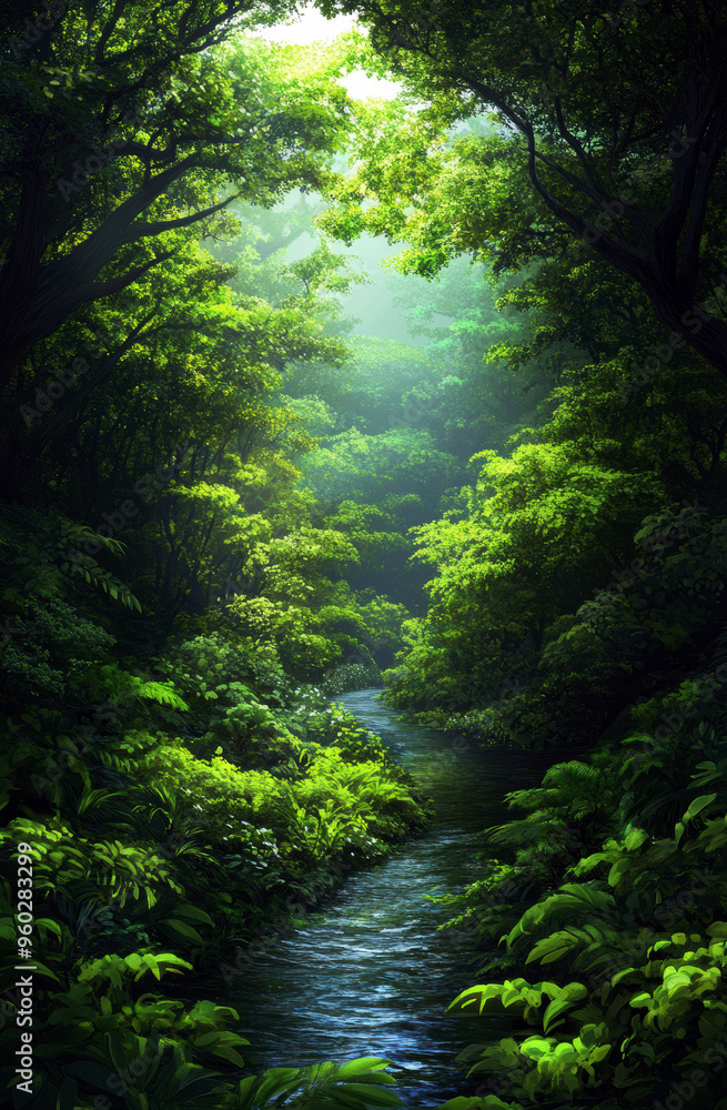 Fototapeta premium A lush green forest with a stream running through it. The sunlight is shining through the trees, creating a peaceful and serene atmosphere