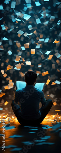 A man is sitting on the floor reading a book. The book is open to a page with a lot of paper scattered around him. The scene is chaotic and disorganized, with the papers flying everywhere