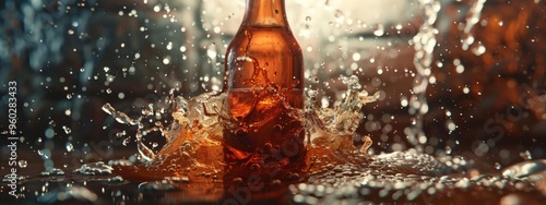 Splashing soda bottle with dynamic water droplets in motion photo