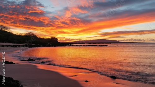 The stunning sunset over the Galapagos Islands, with the sky painted in shades of orange and pink.