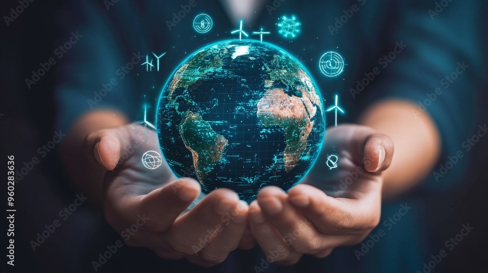 A digital Earth in hands, illuminated by green energy symbols, wind turbines, and net-zero emission icons for reducing global warming A digital Earth in hands, illuminated by green energy symbols, wind turbines, and net-zero emission icons for reducing global warming