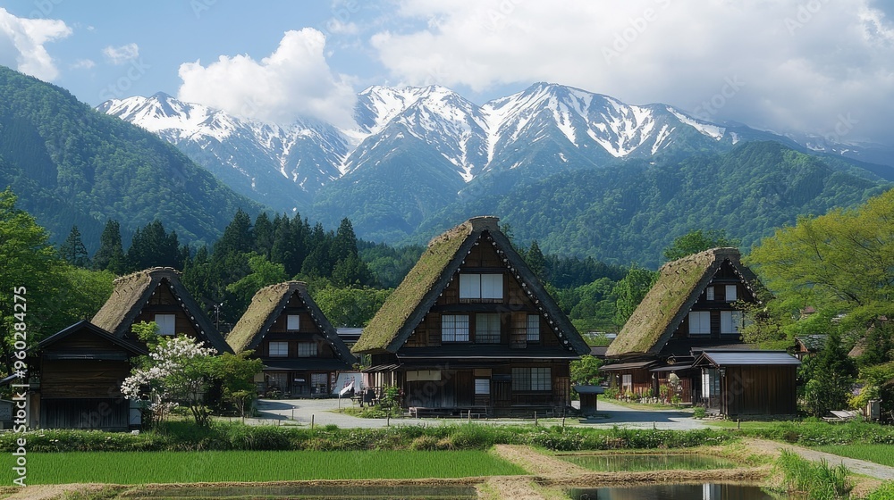 The traditional gassho-zukuri houses of Shirakawa-go, with mountains and forests providing a stunning backdrop. The traditional gassho-zukuri houses of Shirakawa-go, with mountains and forests providing a stunning backdrop.