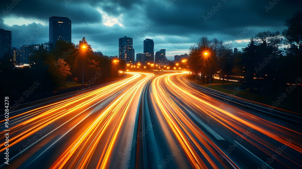 Cityscape at dusk with light trails on a busy highway. Cityscape at dusk with light trails on a busy highway.