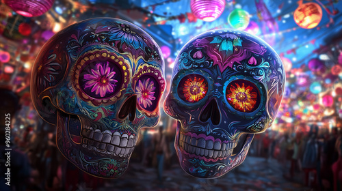 illustration two sugar skull against colorful festive streets background day of the dead concept.