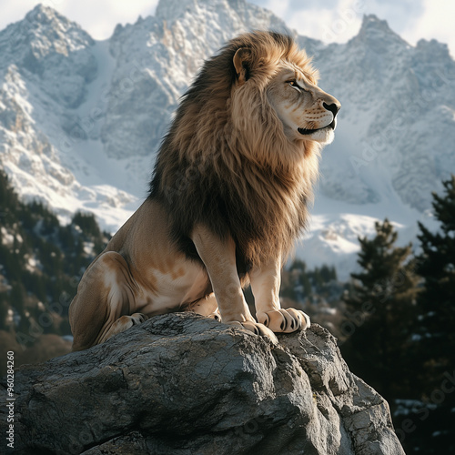 Löwe vor einem majestätischen Berg photo