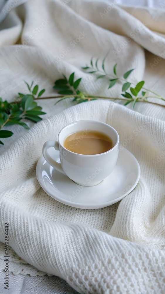 Cup of Coffee with Greenery on Soft Fabric, Cozy Morning Scene