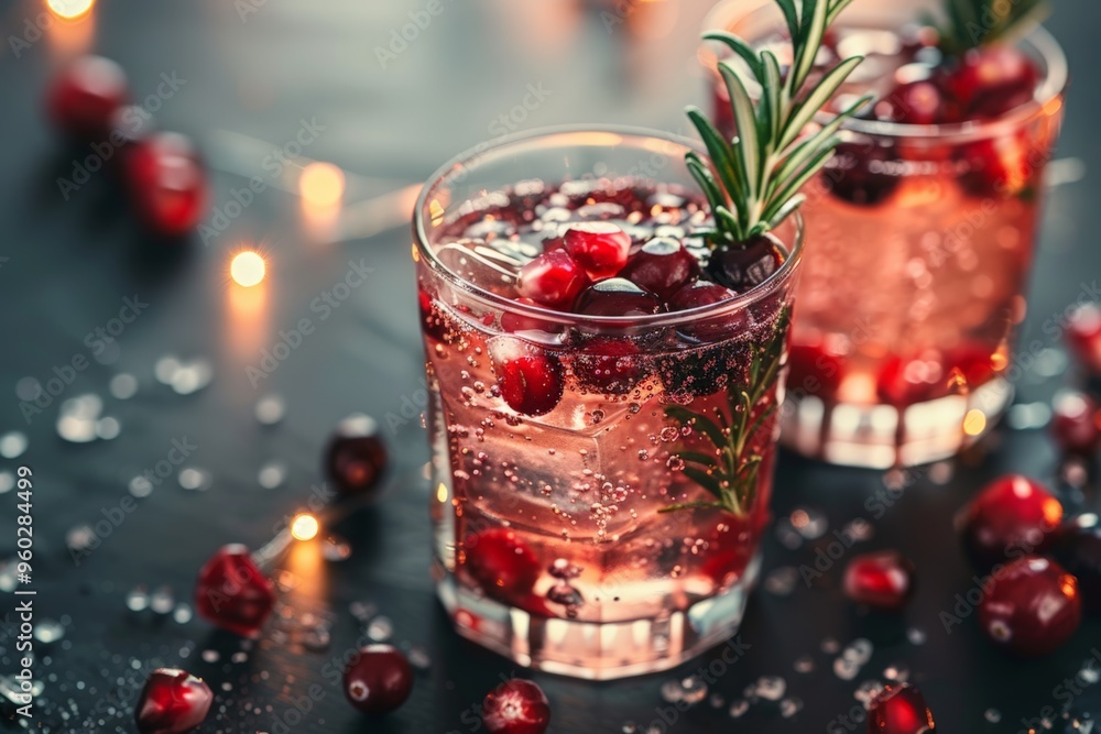 Two glasses of refreshing cranberry mocktail garnished with fresh rosemary, creating a festive and vibrant holiday drink. Two glasses of refreshing cranberry mocktail garnished with fresh rosemary, creating a festive and vibrant holiday drink.